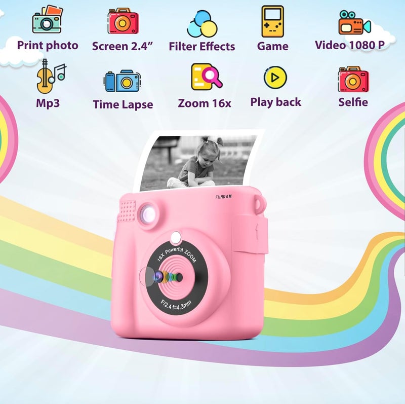 FUNKAM Instant Print Camera for Kids - 2.4" HD 1080P - with 32GB SD Card, 5 Markers, Stickers, 5 Paper Rolls, Lanyard. Camera Boys and Girls from 3 to 14 Years Old. (Pink) - Image 2